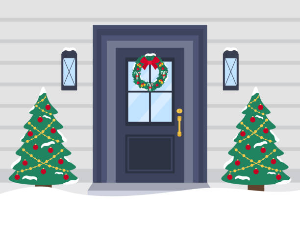 illustrations, cliparts, dessins animés et icônes de porte d’entrée décorée pour noël. joyeux noël et joyeuse année concept - new year wall decoration gift