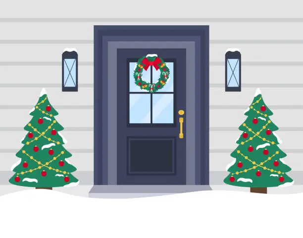 Vector illustration of Entrance Door Decorated For Christmas. Merry Christmas And Happy New Year Concept