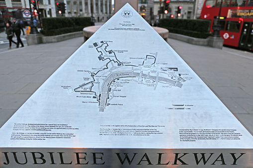 London, United Kingdom - November 23, 2013: Silver Pyramid With Engraved Map of Jubilee Walkway in Front of Royal Exchange at Bank Junction in Capital City.