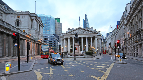 London, United Kingdom - November 23, 2013: Historic Building of Royal Exchange at Bank Junction in Capital City at Winter Day.
