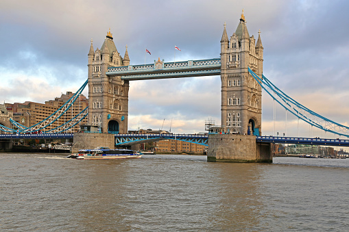 Travel, Iconic Landmark, Capital City - Image of Tower Bridge on a overcast day
