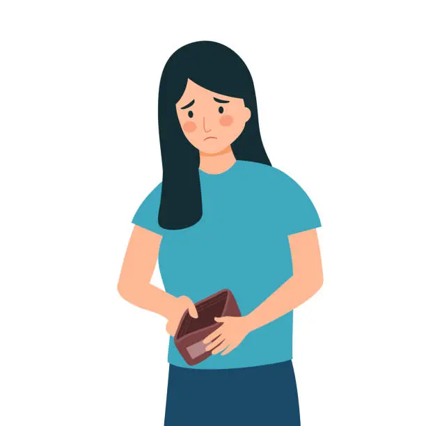 Vector illustration of Unhappy sad poor woman holding open empty wallet with no pocket money. Financial recession or jobless person. No budget.