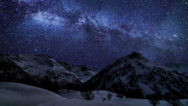 istock Scenic view of a mountain range covered with snow at night 1680175633