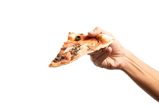 Black male hand holding slice pizza isolated on white