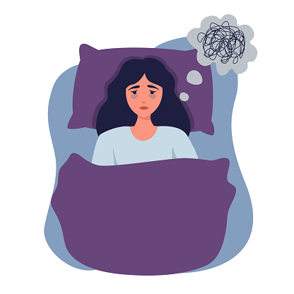 A woman lies in bed and cannot fall asleep. Mental disorder concept, depression, insomnia. Vector illustration