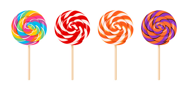Set of colorful lollipops on wooden stick. Vector cartoon flat illustration of swirl round candy. Sweet food icons.