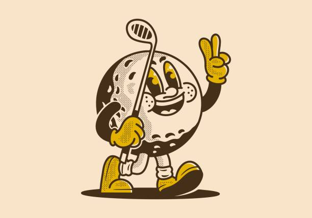 Mascot character illustration of golf ball holding a golf stick Vintage mascot character illustration of golf ball holding a golf stick white t shirt silhouette stock illustrations