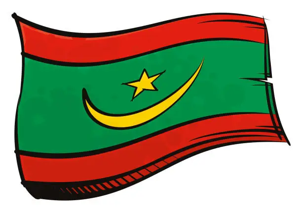 Vector illustration of Painted Mauritania flag waving in wind