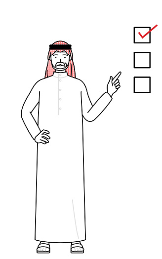 Senior Muslim Man pointing to a checklist.