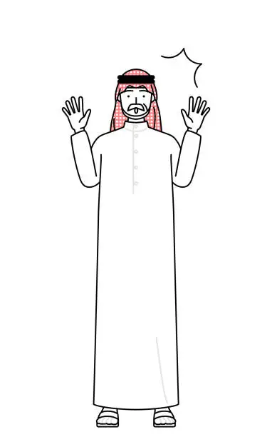 Vector illustration of Senior Muslim Man raising his hand in surprise.