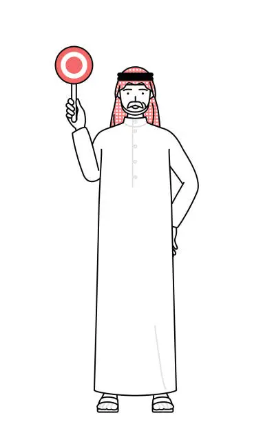 Vector illustration of Senior Muslim Man holding a maru placard that shows the correct answer.