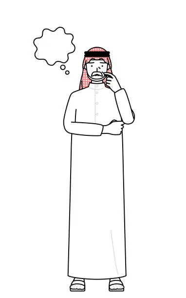 Vector illustration of Senior Muslim Man thinking while scratching his face.