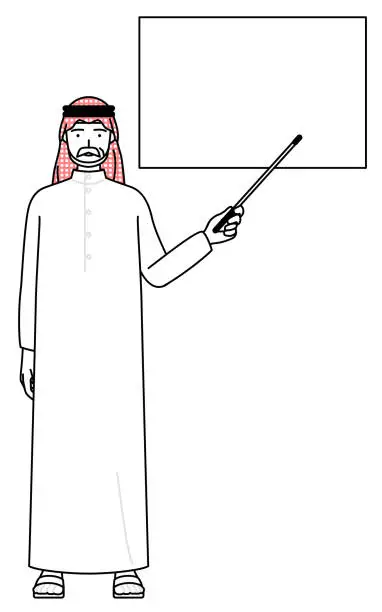 Vector illustration of Senior Muslim Man pointing at a whiteboard with an indicator stick.