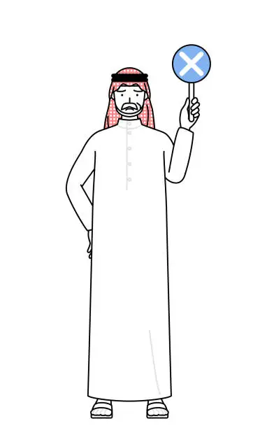 Vector illustration of Senior Muslim Man holding a placard with an X indicating incorrect answer.