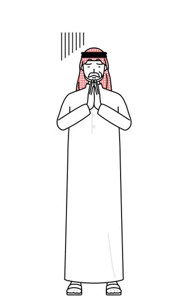 Vector illustration of Senior Muslim Man apologizing with his hands in front of his body.
