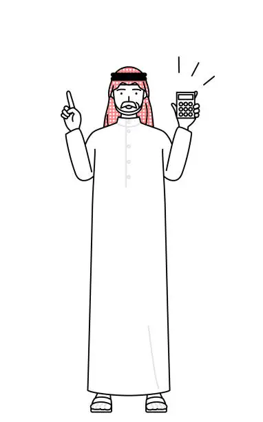 Vector illustration of Senior Muslim Man holding a calculator and pointing.