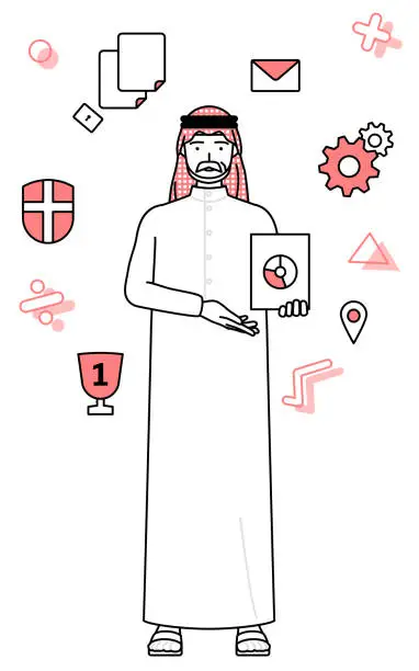 Vector illustration of Image of DX, Senior Muslim Man using digital technology to improve his business