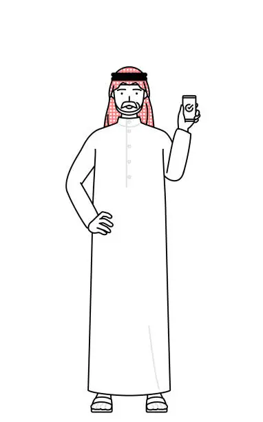 Vector illustration of Senior Muslim Man using a smartphone at work.