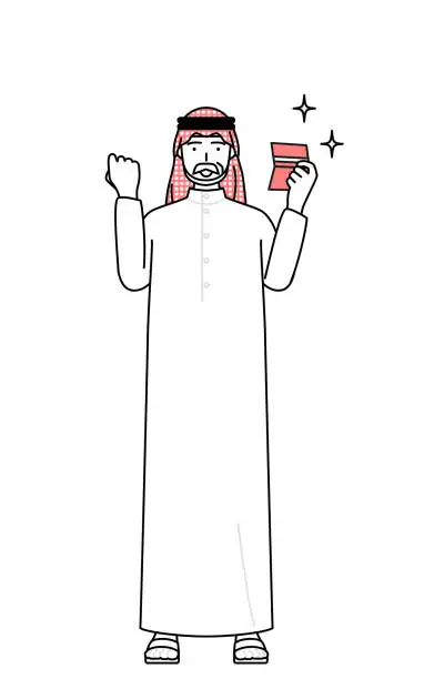 Vector illustration of Senior Muslim Man who is pleased to see a bankbook.