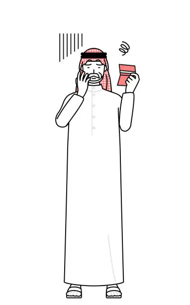 Vector illustration of Senior Muslim Man looking at his bankbook and feeling depressed.