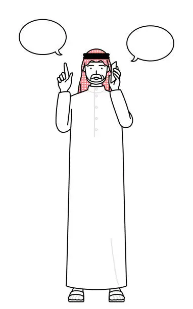 Vector illustration of Senior Muslim Man pointing while on the phone.