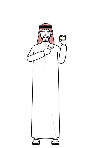 Vector illustration of Senior Muslim Man recommending credit card payment.