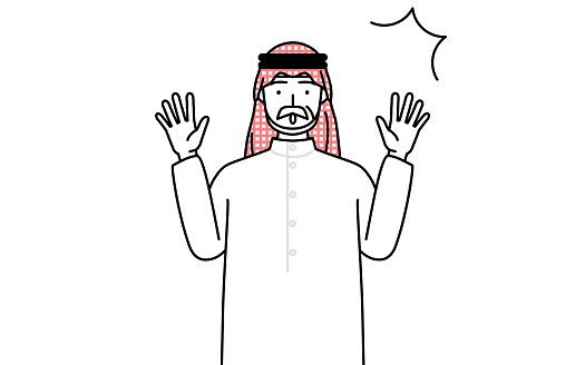 Senior Muslim Man raising his hand in surprise.