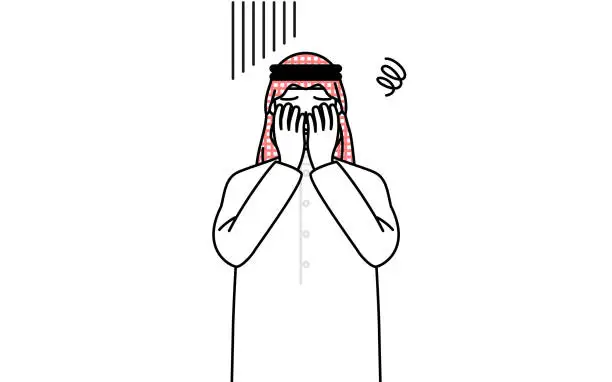 Vector illustration of Senior Muslim Man covering his face in depression.
