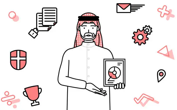 Vector illustration of Image of DX, Senior Muslim Man using digital technology to improve his business