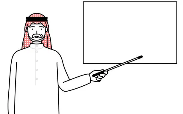 Vector illustration of Senior Muslim Man pointing at a whiteboard with an indicator stick.