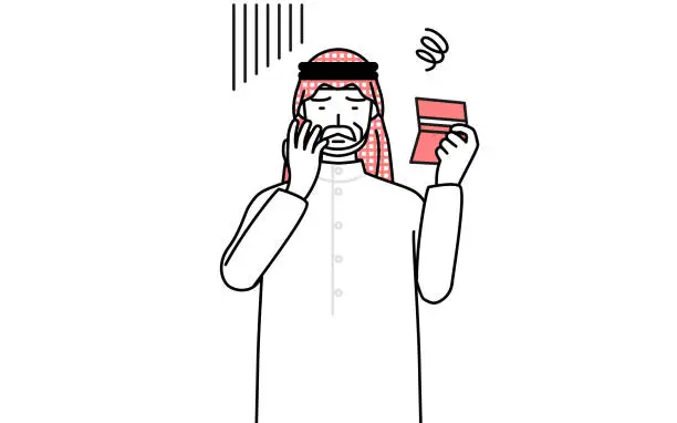 Vector illustration of Senior Muslim Man looking at his bankbook and feeling depressed.