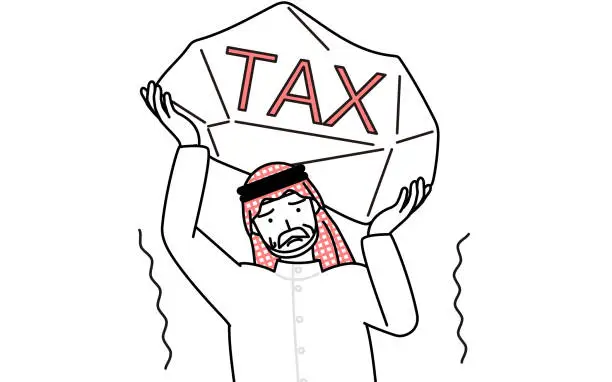 Vector illustration of Senior Muslim Man suffering from tax increases