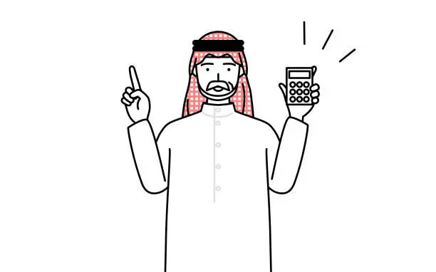 Vector illustration of Senior Muslim Man holding a calculator and pointing.