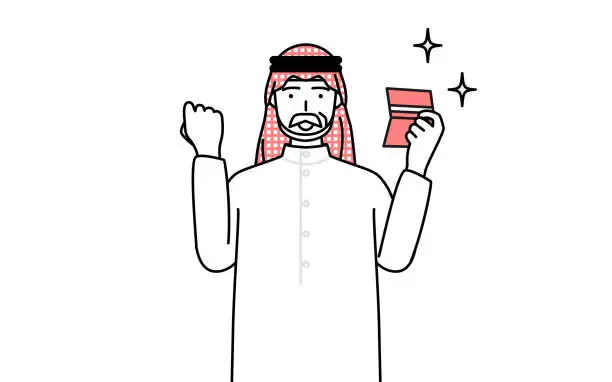 Vector illustration of Senior Muslim Man who is pleased to see a bankbook.