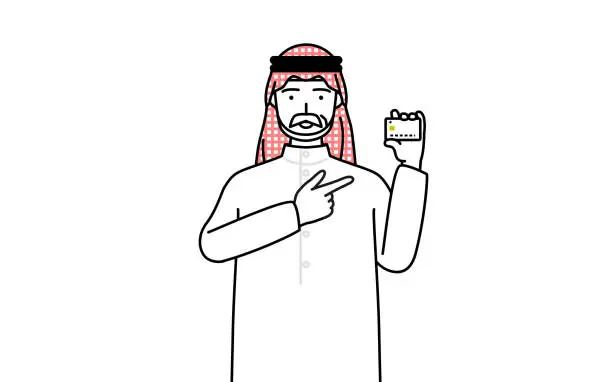 Vector illustration of Senior Muslim Man recommending credit card payment.