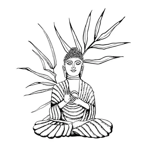 Vector illustration of Buddha sitting in bamboo branches hand drawn line art vector illustration. Meditation element for yoga, buddhism black and white designs