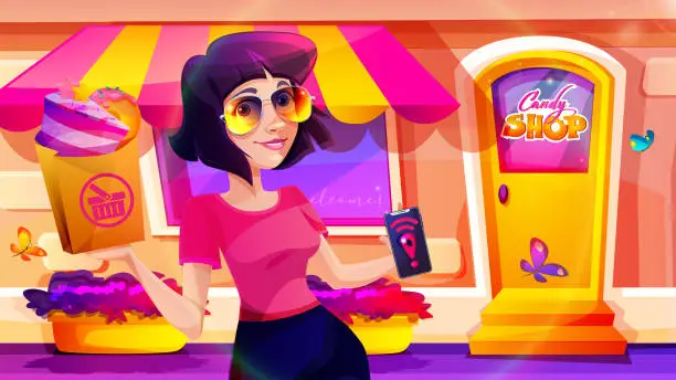 Vector illustration of Online shopping concept in cartoon style. A young girl made an online purchase against the backdrop of a candy store. Creative vector illustration.