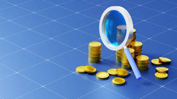 Photo of Financial analytics. A 3D magnification glass and abstract gold coins on blue tiled digital background