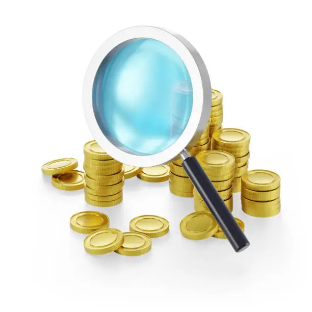 Photo of Financial analytics. A 3D magnification glass and abstract gold coins isolated on white background