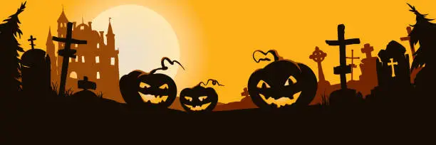 Vector illustration of Funny pumpkin lanterns in a gloomy graveyard.