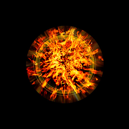 Top view cycle Fire flames on black background.  Realistic fire flames burn movement frame.Texture for Design.Texture of fire. Fire flames background.Abstract fiery texture.Blazing campfire. Top view.