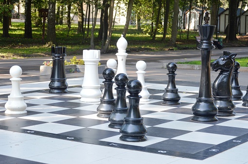 Giant chess pieces for playing in a recreation park
