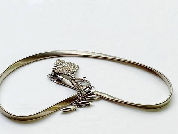 Silver waist belt on a white background.