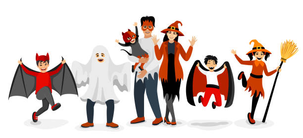 ilustraciones, imágenes clip art, dibujos animados e iconos de stock de banner de halloween. truco o tratos. familia con varios disfraces celebrando halloween. - running mummified horror spooky