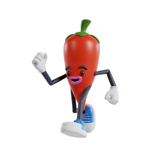 3d cartoon chili character running fast - human heart flash imagens e fotografias de stock