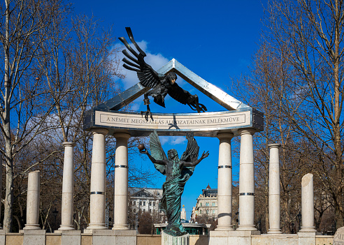 February 16, 2022: Memorial for victims of the German Occupation in Liberty Square of Budapest. The memorial was built in 2014