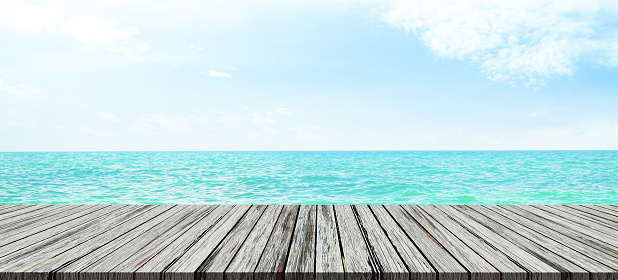 Table Sea Background, Wood Summer Tropical Sand Beach, Blue Ocean with Deck Sky Horizon for Vacation Relax at Coast, Mockup Product Spring Display Empty on Water Outdoor Landscape Sunny Day Space.