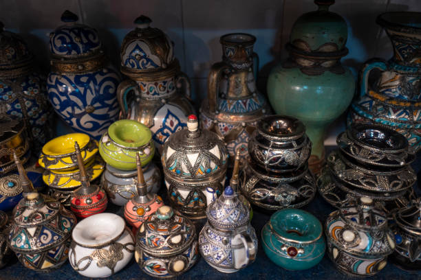 istock Handmade ceramic bottles and jars of various patterns and colors, Fez, Morocco 1680348697