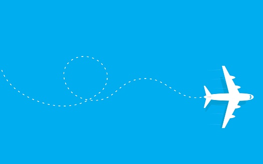 Airplane route on blue background. Travel from the start point along the dotted line. Vector illustration.