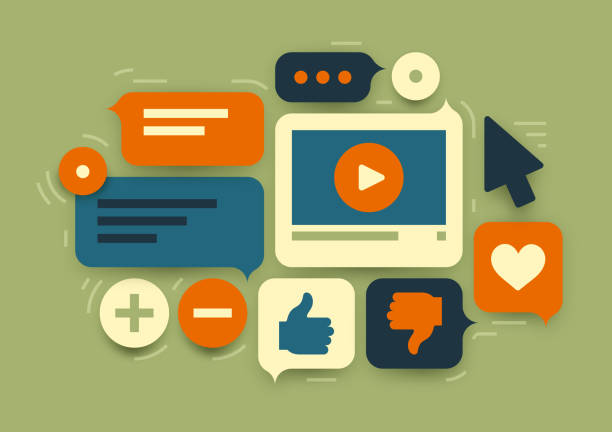 Internet Speech Social Media Talking Chatting Interaction Internet social media internet interactions and sharing and posting comments. social media marketing stock illustrations